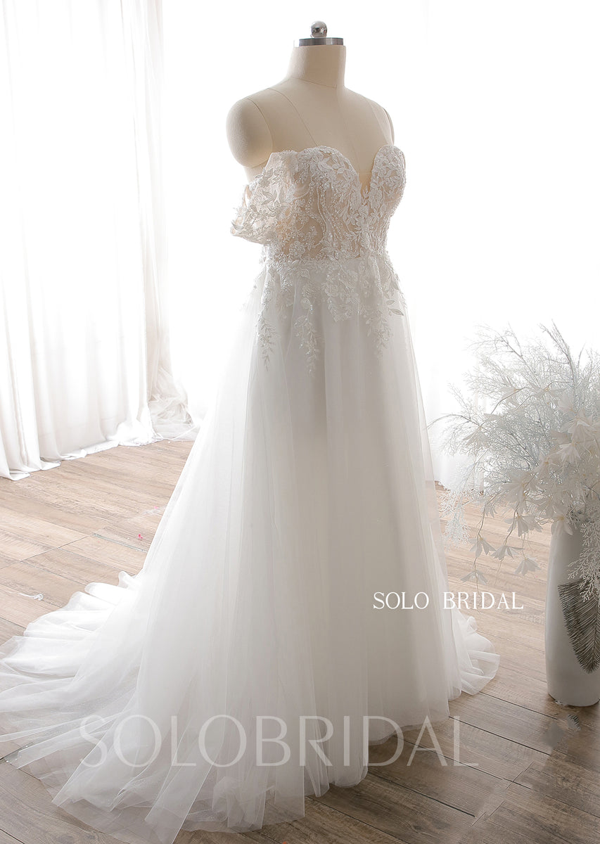 Off The Shoulder Sweetheart Ivory Wedding Guest Dress with Split