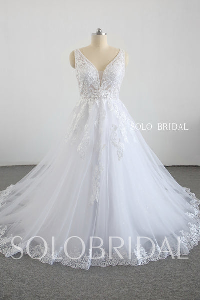 White V neck A line heaving beading wedding dress 20250318C