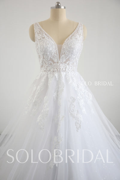 White V neck A line heaving beading wedding dress 20250318C