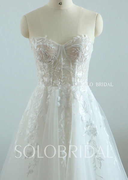 20250825A Ivory A Line Sweetheart flowy leaf lace women wedding dress