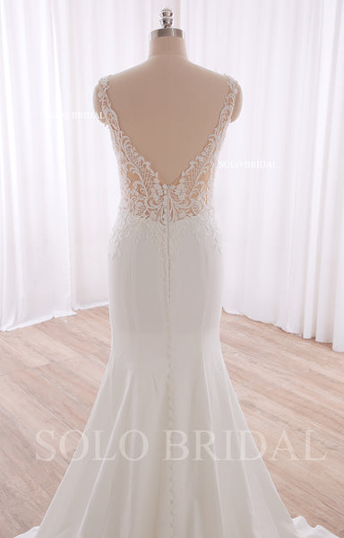 240402B Ivory V neck Nude Body Fit and flare Crepe Wedding Dress