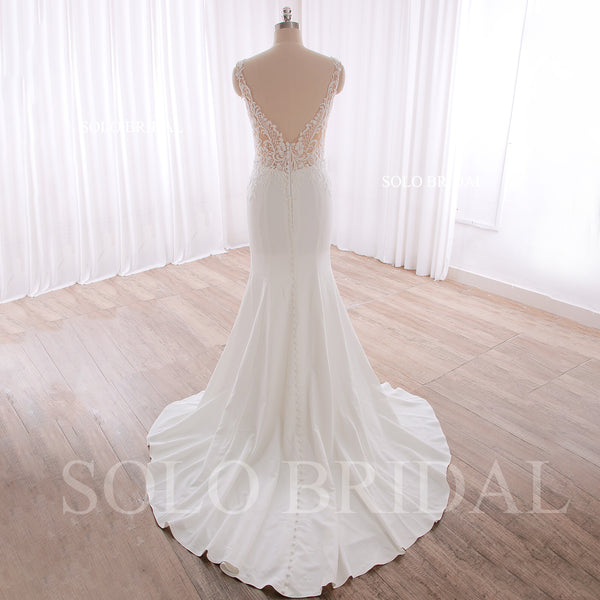 240402B Ivory V neck Nude Body Fit and flare Crepe Wedding Dress