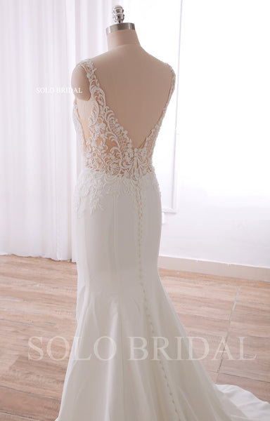 240402B Ivory V neck Nude Body Fit and flare Crepe Wedding Dress