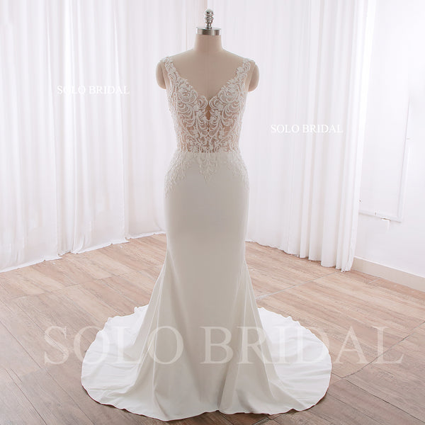 240402B Ivory V neck Nude Body Fit and flare Crepe Wedding Dress