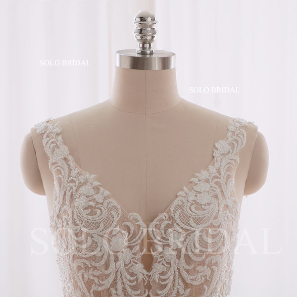 240402B Ivory V neck Nude Body Fit and flare Crepe Wedding Dress
