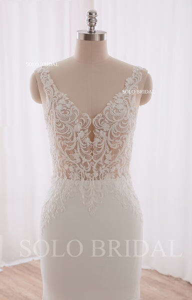 240402B Ivory V neck Nude Body Fit and flare Crepe Wedding Dress