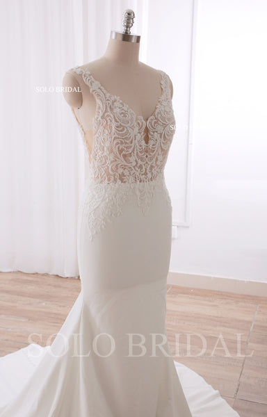 240402B Ivory V neck Nude Body Fit and flare Crepe Wedding Dress