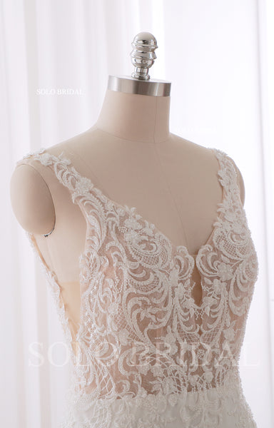 240402B Ivory V neck Nude Body Fit and flare Crepe Wedding Dress