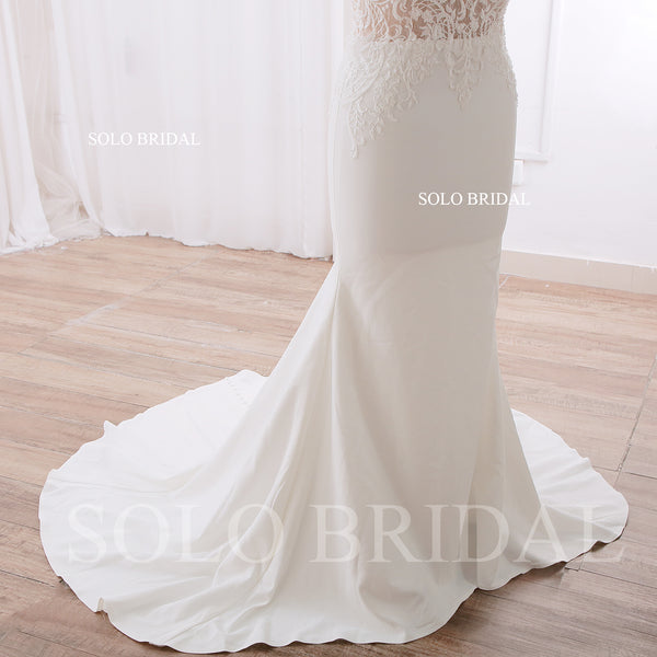 240402B Ivory V neck Nude Body Fit and flare Crepe Wedding Dress