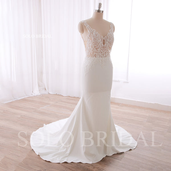 240402B Ivory V neck Nude Body Fit and flare Crepe Wedding Dress