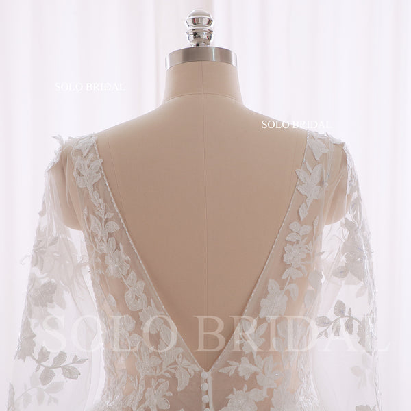 240402C Ivory V Neck Long Sleeve A line Floor Length Wedding Dress