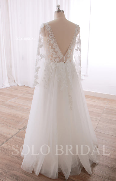 240402C Ivory V Neck Long Sleeve A line Floor Length Wedding Dress