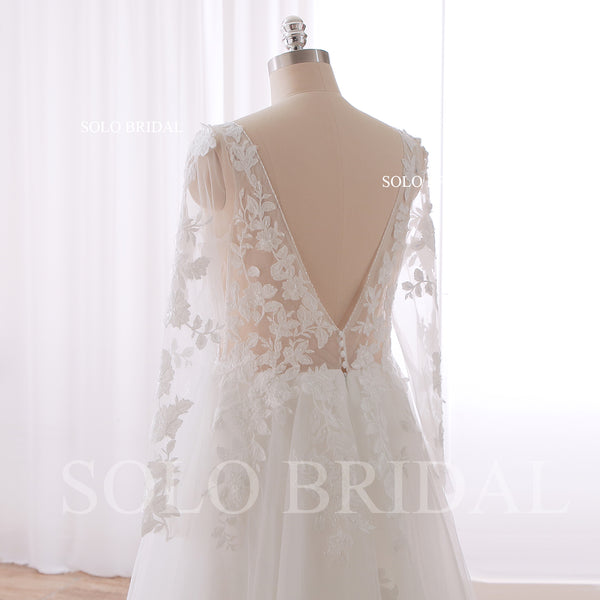240402C Ivory V Neck Long Sleeve A line Floor Length Wedding Dress