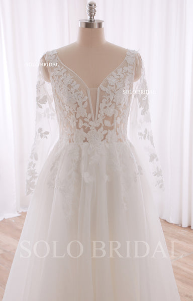 240402C Ivory V Neck Long Sleeve A line Floor Length Wedding Dress