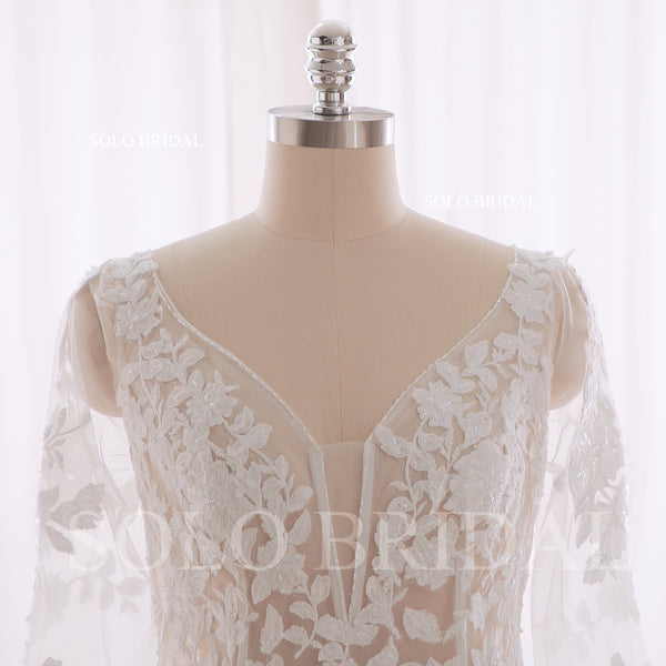 240402C Ivory V Neck Long Sleeve A line Floor Length Wedding Dress