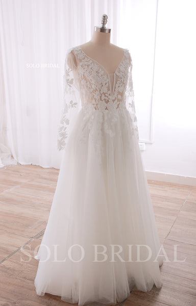 240402C Ivory V Neck Long Sleeve A line Floor Length Wedding Dress