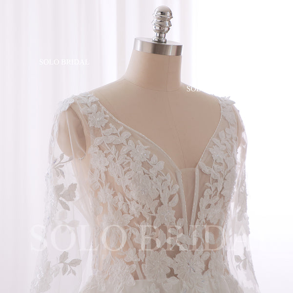 240402C Ivory V Neck Long Sleeve A line Floor Length Wedding Dress