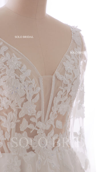 240402C Ivory V Neck Long Sleeve A line Floor Length Wedding Dress