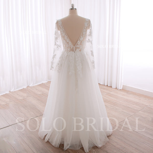 240402C Ivory V Neck Long Sleeve A line Floor Length Wedding Dress