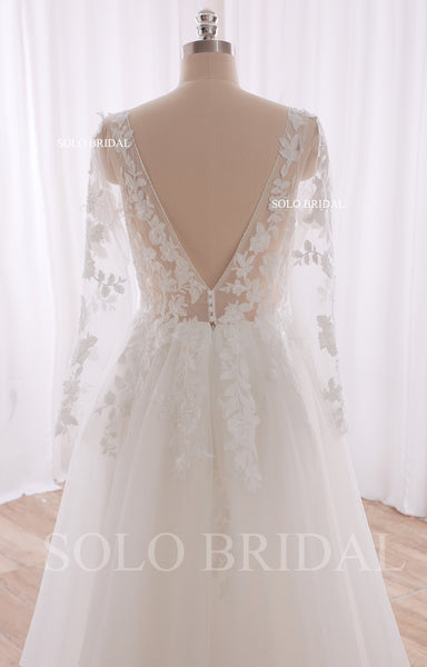 240402C Ivory V Neck Long Sleeve A line Floor Length Wedding Dress