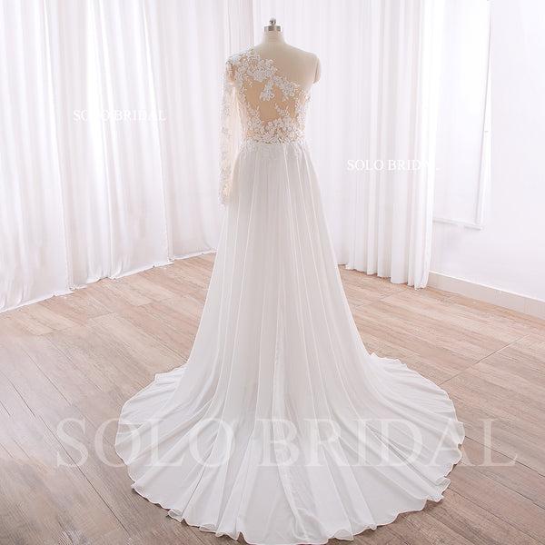 240402F Ivory One shoulder Long Sleeve A Line Chiffon Wedding Dress