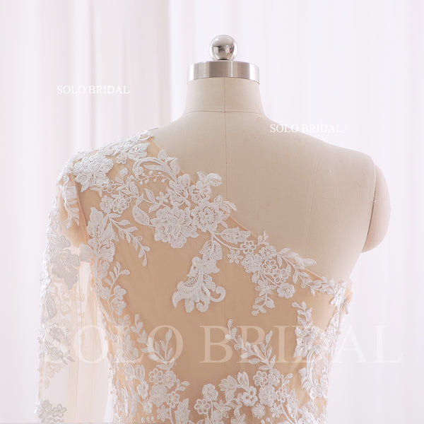 240402F Ivory One shoulder Long Sleeve A Line Chiffon Wedding Dress
