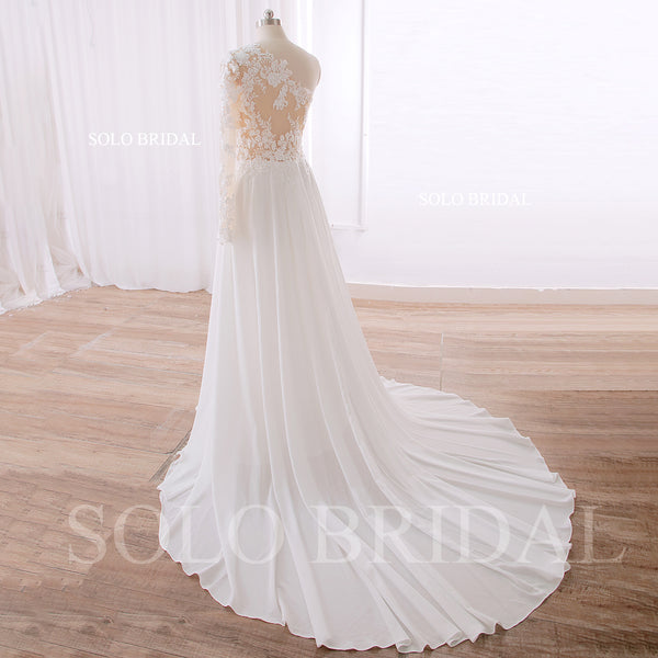 240402F Ivory One shoulder Long Sleeve A Line Chiffon Wedding Dress