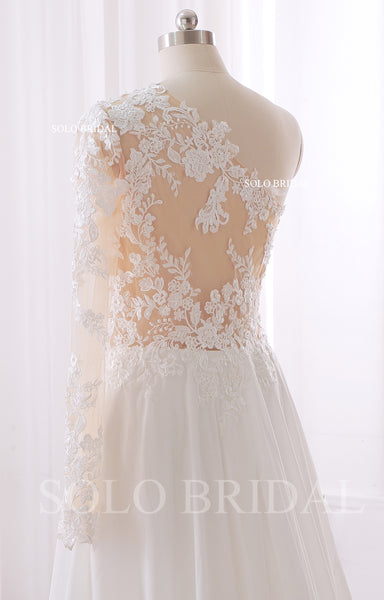 240402F Ivory One shoulder Long Sleeve A Line Chiffon Wedding Dress