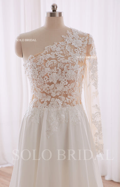 240402F Ivory One shoulder Long Sleeve A Line Chiffon Wedding Dress
