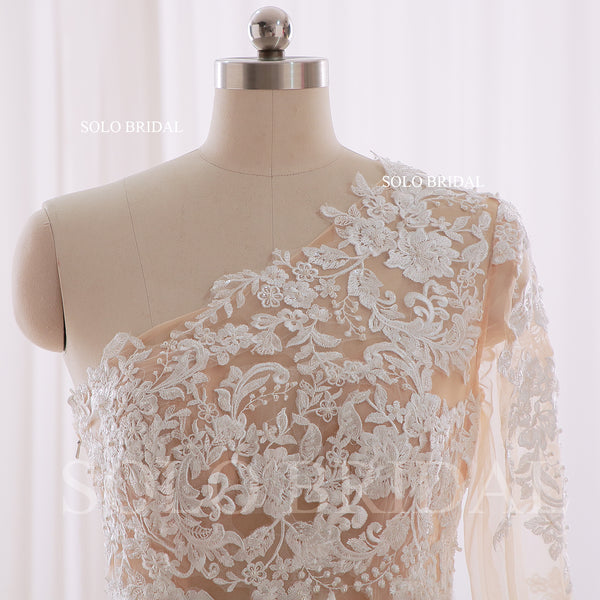 240402F Ivory One shoulder Long Sleeve A Line Chiffon Wedding Dress