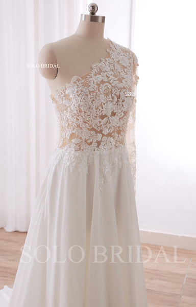 240402F Ivory One shoulder Long Sleeve A Line Chiffon Wedding Dress