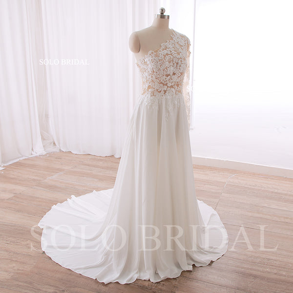 240402F Ivory One shoulder Long Sleeve A Line Chiffon Wedding Dress