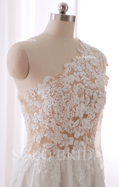 240402F Ivory One shoulder Long Sleeve A Line Chiffon Wedding Dress