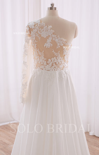240402F Ivory One shoulder Long Sleeve A Line Chiffon Wedding Dress