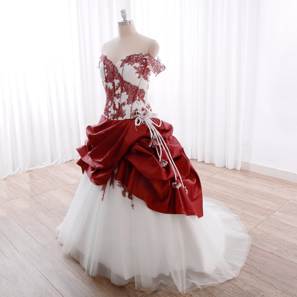 DPP_0037 White Red Ball Gown Off Shoulder Taffeta Wedding Gown