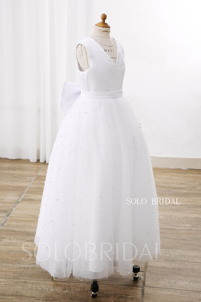 White V neck Satin Top Pearl Tulle Skirt Flower Girl Dress DPP_0080