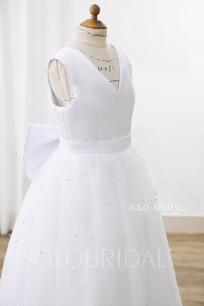 White V neck Satin Top Pearl Tulle Skirt Flower Girl Dress DPP_0080
