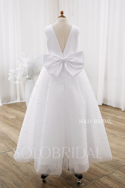 White V neck Satin Top Pearl Tulle Skirt Flower Girl Dress DPP_0080