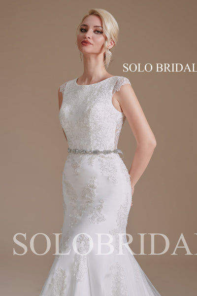 2110681 Ivory Cap Sleeve Fit and Flare Round Neck Wedding Dress