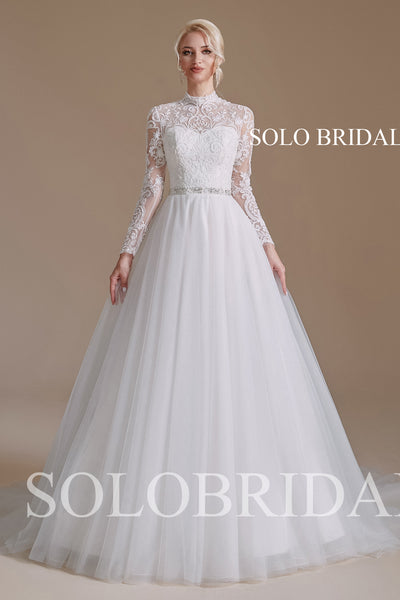 2110691 Ivory A line Long Sleeve High Neck Lace Wedding Dress