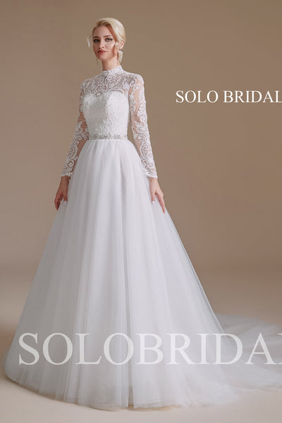 2110691 Ivory A line Long Sleeve High Neck Lace Wedding Dress
