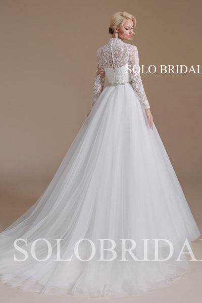 2110691 Ivory A line Long Sleeve High Neck Lace Wedding Dress