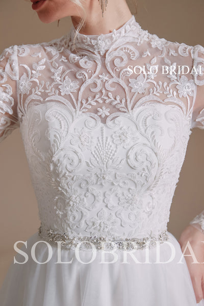 2110691 Ivory A line Long Sleeve High Neck Lace Wedding Dress