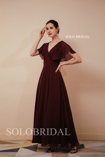 Women's Formal Long V-neck Evening Party Dress Wine Red Bridesmaids Dresses