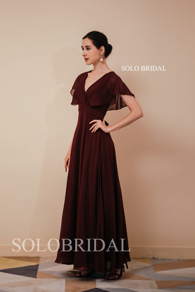 Women's Formal Long V-neck Evening Party Dress Wine Red Bridesmaids Dresses