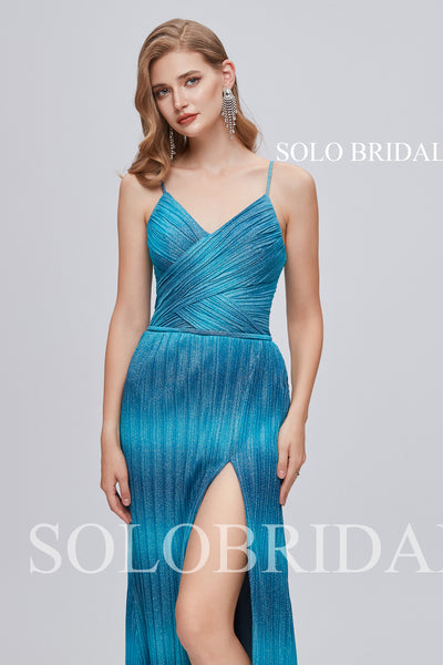 301078b1 Blue V neck Floor Length Spaghetti Straps Prom Dress