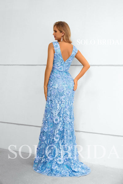 Blue V Neck Fit and Flare Floral Lace Evening Dress 3011031
