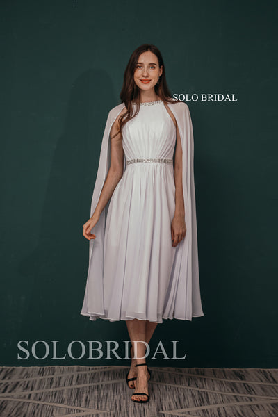 White Tea Length Wrap Chiffon Mother of Bride Dress for Wedding