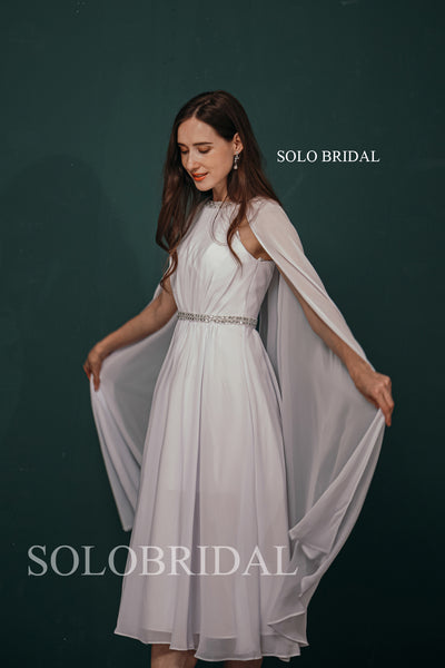 White Tea Length Wrap Chiffon Mother of Bride Dress for Wedding