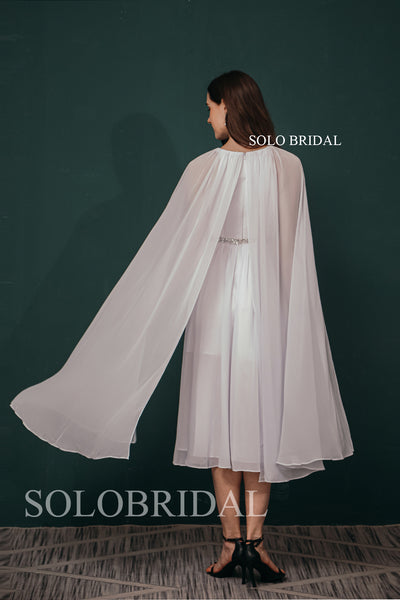 White Tea Length Wrap Chiffon Mother of Bride Dress for Wedding